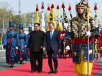 North Korean leader Kim Jong Un (L) and South Korean President Moon Jae-in (R) walk to the official welcome hall after meeting and Kim crossing the military demarcation line (MDL) for the Inter-Korean Summit on April 27, 2018 in Panmunjom, South Korea. Kim and Moon meet at the border today for the third-ever inter-Korean summit talks after the 1945 division of the peninsula, and first since 2007 between then President Roh Moo-hyun of South Korea and Leader Kim Jong-il of North Korea. (Photo by Korea Summit Press Pool/Getty Images) (Photo by Pool/Getty Images)
