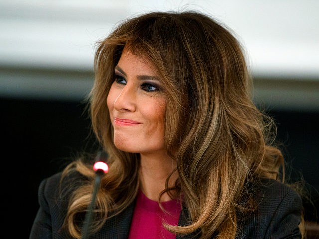 In this March 20, 2018 photo, First lady Melania Trump listens during a roundtable on cybe