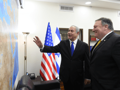In this GPO handout, US Secretary of State Mike Pompeo (R) meets Israel's Prime Minister Benjamin Netanyahu April 29, 2018 in Tel Aviv, Israel. (Photo by Haim Zach / GPO via Getty Images)