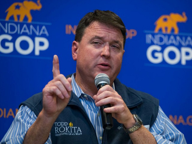 UNITED STATES - APRIL 4: Rep. Todd Rokita, R-Ind., who is running for the Republican nomination for Senate in Indiana, addresses the Steuben County Lincoln Day Dinner in Angola, Ind., on April 4, 2018. (Photo By Tom Williams/CQ Roll Call)