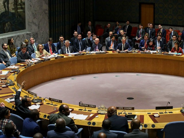 NEW YORK, NY - APRIL 10: Members of the U.N. Security Council vote on the third draft resolution to create a new inquiry to find blame for the chemical weapons attack last week in Douma, Syria during a United Nations Security Council meeting regarding the situation in Syria, April 10, …