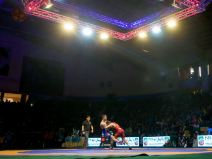 USA's Frank Aniello Molinaro (R) competes with Iranian Meysam Nasiri (L) during the 65 kg category final match at the World Wrestling Cup Final in the western Iranian Kurdish-majority city of Kermanshah on February 17, 2017. Iran won the tournament in five out of eight weight categories following three days …