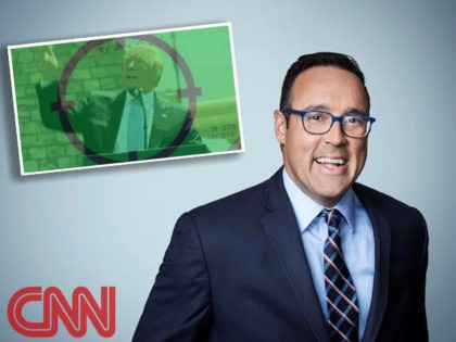 CNN portrait of pundit Chris Cillizza next to an image of President Donald Trump in the center of rifle crosshairs which Cillizza tweeted and quickly deleted.
