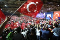 Bosnia Erdogan People wave Turkish flags, in Sarajevo, Bosnia, on Sunday, May 20, 2018. Turkey's president Recep Tayyip Erdogan arrived in the Bosnian capital to address supporters living in Europe, ahead of snap elections in his country. Turkey will vote on June 24, more than a year earlier than scheduled, in parliamentary …