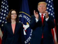 CIA-Director-Gina-Haspel-swearing-in-Trump-clap-May-21-2018-ap President Donald Trump applauds incoming Central Intelligence Agency director Gina Haspel during a swearing-in ceremony at CIA Headquarters, Monday, May 21, 2018, in Langley, Va. (AP Photo/Evan Vucci)