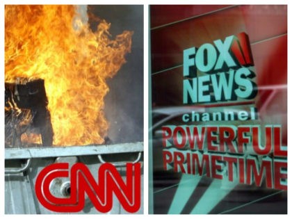 Collage of CNN burning dumpster and Fox News Channel powerful primetime