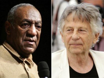 In this combination photo, Bill Cosby speaks to an audience on the campus of University of the District of Columbia in Washington on May 16, 2006 , left, and director Roman Polanski appears at the photo call for the film, "Based On A True Story," at the 70th international film …