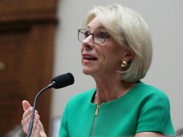 Education Secretary Betsy DeVos testifies during a House House Education and the Workforce Committee hearing on Capitol Hill, May 22, 2018 in Washington, DC. The hearing focus is on examining the policies and priorities of the U.S. Department of Education. (Photo by Mark Wilson/Getty Images)