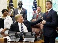 DonaldStallon1 US President Donald Trump acknowledges actor Sylvester Stallone after signing an Executive Grant of Clemency for former heavyweight champion Jack Johnson in the Oval Office of the White House on May 24, 2018 in Washington, DC. (Photo by Olivier Douliery-Pool/Getty Images)