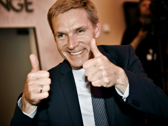 Kristian Thulesen Dahl, party leader of The Danish Peoples Party celebrates after the election in Copenhagen on June 18, 2015. Danish Prime Minister Helle Thorning-Schmidt resigned as Social Democratic party leader after a record score for an anti-immigration party lifted the opposition right-wing bloc to victory. Denmark's anti-immigration Danish People's …
