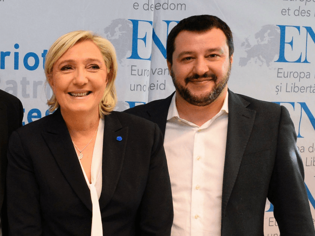 (L-R) Geert Wilders of the Dutch far-right Freedom Party, the chairwoman of the anti-immigration Alternative for Germany (AfD) Frauke Petry, the Secretary General of the Austrian Freedom Party (FPÖ) Harald Vilimsky, French National Front (FN) leader Marine Le Pen and Italy's Lega Nord Party leader Matteo Salvini give a press …