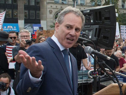 NY Attorney General Eric Schneiderman speaks at a rally to defend DACA on September 5, 2017 in New York. US President Donald Trump ended an amnesty protecting 800,000 people brought to the US illegally as minors from deportation. "I am here today to announce that the program known as DACA …
