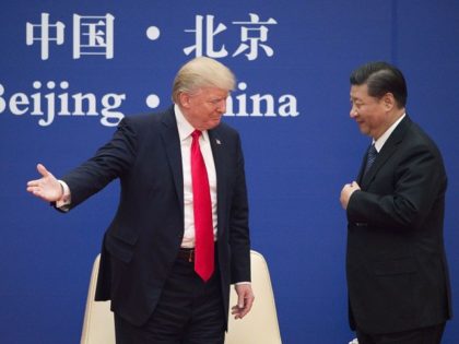 TOPSHOT - US President Donald Trump (L) gestures next to China's President Xi Jinping during a business leaders event at the Great Hall of the People in Beijing on November 9, 2017. Donald Trump urged Chinese leader Xi Jinping to work "hard" and act fast to help resolve the North …