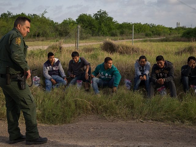 A Border Patrol agent apprehends illegal immigrants shortly after they crossed the border from Mexico into the United States on Monday, March 26, 2018 in the Rio Grande Valley Sector near McAllen, Texas. An estimated 11 million undocumented immigrants live in the United States, many of them Mexicans or from …