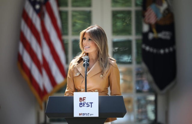 WASHINGTON, DC - MAY 07: U.S. first lady Melania Trump speaks in the Rose Garden of the W
