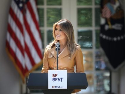 WASHINGTON, DC - MAY 07: U.S. first lady Melania Trump speaks in the Rose Garden of the White House May 7, 2018 in Washington, DC. Trump outlined her new initiatives, known as the Be Best program, during the event. (Photo by Win McNamee/Getty Images)
