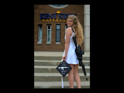 Kent State University graduate Kaitlin Bennett posted a photo of herself walking on campus with an AR-10 demanding “#CampusCarryNow.”
