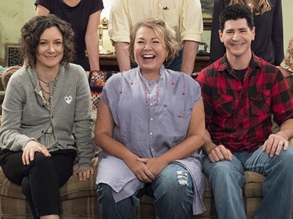 Roseanne Barr, Sara Gilbert, and Michael Fishman on the set of ABC's "Roseanne" (2018).