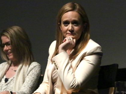 Writer Jo Miller and TV Host Samantha Bee speak on stage during panel discussion for Tribe