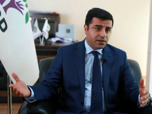 co-leader of the pro-Kurdish People's Democratic Party (HDP) Selahattin Demirtas speaks du