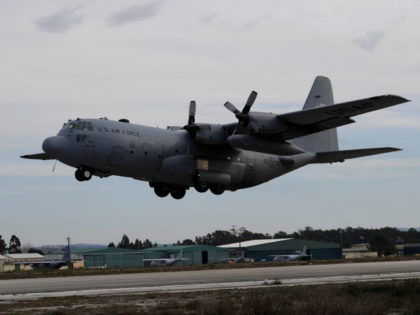 MONTE REAL, PORTUGAL - FEBRUARY 06: US Air Force C-130 takes off at Monte Real Air Force Base during Real Thaw 2018 exercise on February 06, 2018 in Monte Real, Portugal. Real Thaw 2018 (RT18) is a Portuguese Air Force led live-fly exercise to evaluate and certify their operational capability …