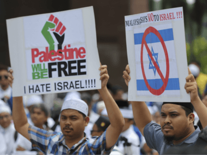 Muslims holds placards reading "Palestine will be Free" and "Anti-Israel" during a rally a
