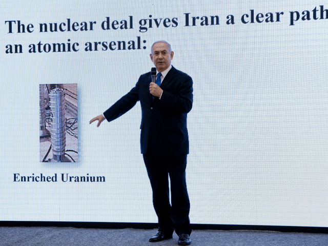 Israeli Prime Minister Benjamin Netanyahu presents material on Iranian nuclear weapons dev