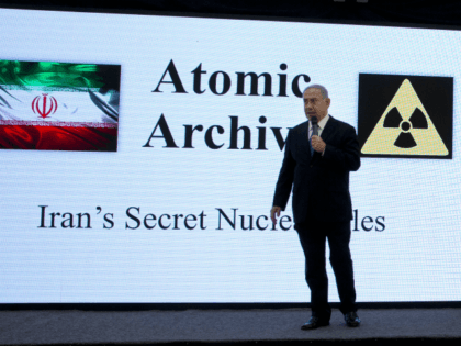 Israeli Prime Minister Benjamin Netanyahu presents material on Iranian nuclear weapons development during a press conference in Tel Aviv, Monday, April 30 2018. Netanyahu says his government has obtained "half a ton" of secret Iranian documents proving the Tehran government once had a nuclear weapons program. Calling it a "great …