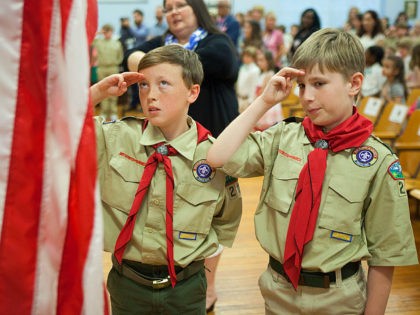 WILMINGTON, NC - APRIL 9: Boy Scouts at Forest Hills Elementary School say the Pledge of A