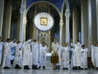 catholic church Australian Catholic nun Sister Patricia Fox is prayed over by Roman Catholic priests during a mass, at the Baclaran Church, Wednesday, May 2, 2018 in suburban Paranaque city south of Manila, Philippines. Fox had her missionary visa in the Philippines revoked after President Rodrigo Duterte complained about her joining opposition …