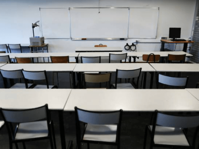 Picture of an empty classroom taken at the university of Mont-Saint-Aignan, near Rouen, northwestern France, on October 11, 2017. / AFP PHOTO / CHARLY TRIBALLEAU (Photo credit should read CHARLY TRIBALLEAU/AFP/Getty Images)