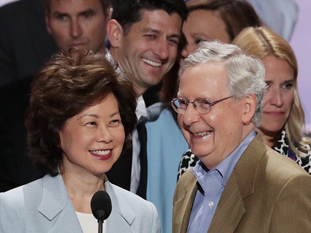 CLEVELAND, OH - JULY 17: Senate Majority Leader Mitch McConnell (R-KY) (R), along with his wife Elaine Chao, and U.S. Speaker of the House Paul Ryan (R-WI) (Back-C) speaks during a microphone test prior to the start of the Republican National Convention on July 17, 2016 at the Quicken Loans …