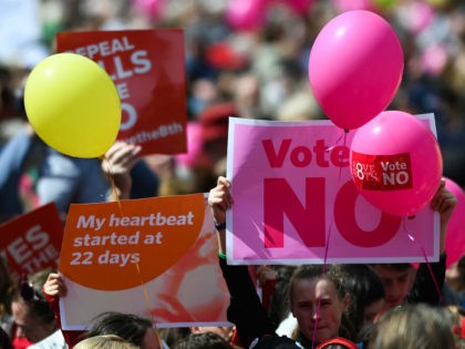People hold up placards during a 'Stand up for Life' rally calling for a 'no' vote in the upcoming referendum, to preserve the eighth amendment of the Irish constitution, a subsection that effectively outlaws abortion in most cases, in Dublin on May 12, 2018. - Ireland will hold a referendum …