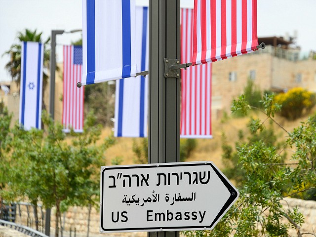 JERUSALEM, ISRAEL - MAY 8, 2018: A road sign indicating the direction of the US Embassy in Jerusalem. Sergey Orlov/TASS (Photo by Sergey Orlov\TASS via Getty Images)