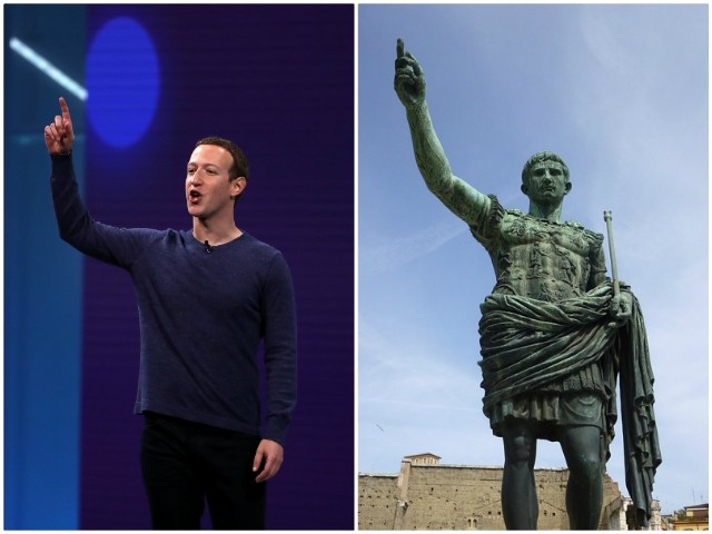 Facebook CEO Mark Zuckerberg (left) speaking at a conference on May 1, 2018, in San Jose, California (Justin Sullivan/Getty Images). Julius Caesar statue (right), Rome, Italy (Flickr).