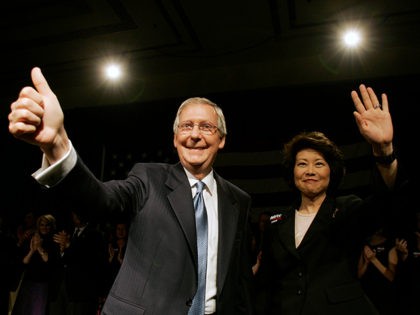 Sen. Mitch McConnell, R-Ky., and his wife, Labor Secretary Elaine Chao, wave to supporters as they celebrate his re-election win over Democratic challenger Bruce Lunsford in Louisville, Ky., Tuesday, Nov. 4, 2008. (AP Photo/Ed Reinke)
