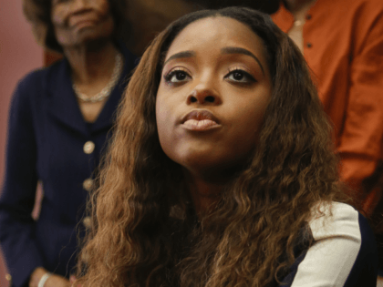 Civil rights leader Tamika Mallory, right, with her god-mother Hazel Dukes, left, NAACP New York State Conference president, prepare to hold a press conference, Tuesday Oct. 17, 2017, in New York. Mallory, who helped organize the Women's March on Washington, has accused an American Airlines pilot of racial discrimination in …