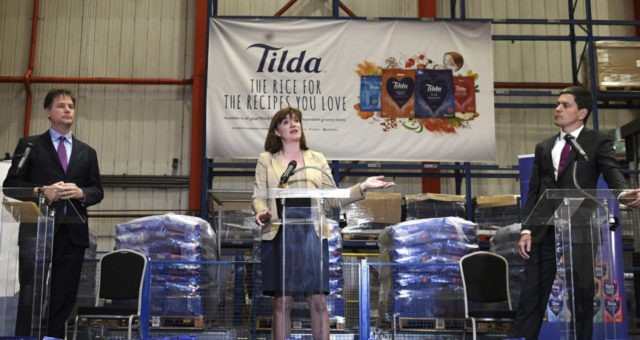 Britain EU Brexit From left, Liberal Democrat former deputy PM Nick Clegg, Tory ex education secretary Nicky Morgan and Labour former foreign secretary David Miliband speaking at a cross party intervention Brexit negotiation at Tilda Rice Mill in Rainham, England, Monday, May 14, 2018. Former British Foreign Secretary David Miliband has joined with politicians from rival parties to call for Britain to retain the closest possible ties with the European Union after Brexit. Miliband says the U.K. should stay in the European Economic Area, made up of the EU and countries such as Norway that have access to the bloc's single market. (Stefan Rousseau/PA via AP) The Associated Press