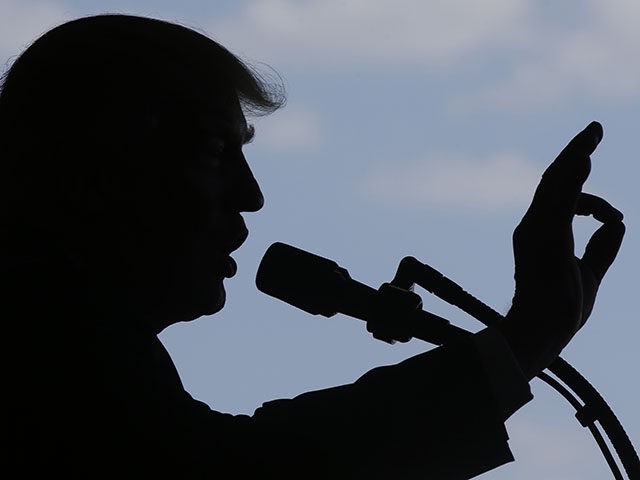 President Donald Trump addresses U.S. military troops and their families at the Sigonella Naval Air Station, in Sigonella, Italy, Saturday, May 27, 2017. (AP Photo/Luca Bruno)