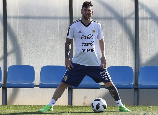 Argentina's Lionel Messi takes part during a team training session at the Sports Center FC
