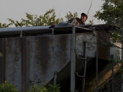 In this Aug. 26, 2014 photo, a migrant lying atop a moving freight train lifts his head to