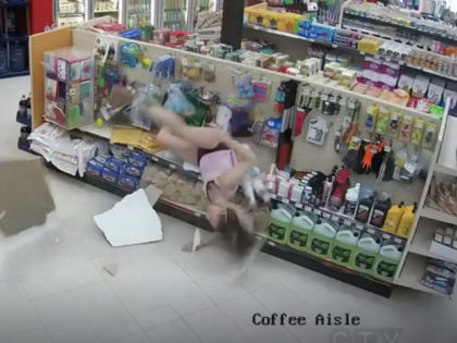 A Canadian woman’s plan to escape the police for allegedly making a fraudulent purchase fell through after she came crashing down through a grocery store’s ceiling.