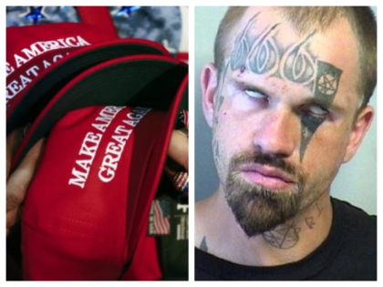 Collage of MAGA hats and a man with a face tattoo