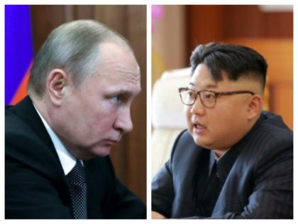 Collage of Putin and Kim Jong-un at desks