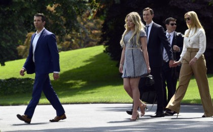Donald Trump Jr., left, followed by Tiffany Trump, second from left, Jared Kushner, center, and Ivanka Trump, right, walk to Marine One on the South Lawn of the White House in Washington, Friday, June 1, 2018, as they head to Camp David for the weekend with President Donald Trump.