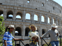 Street vendors wait for tourists to sell hats near the Colosseum on June 21, 2017 in Rome. In Italy, forecasters say the current heatwave could turn out to be the most intense in 15 years, with temperatures around eight degrees above the seasonal average -- 39 degrees Celsius in Milan …