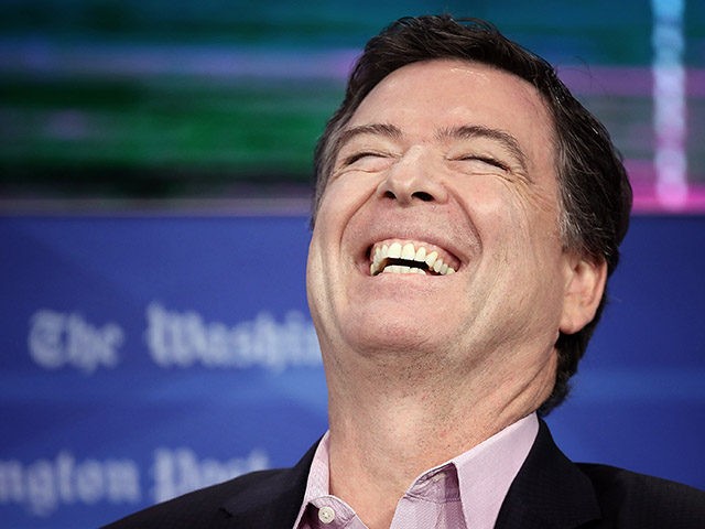 WASHINGTON, DC - MAY 07: Former FBI director James Comey laughs while answering questions during an interview forum at the Washington Post May 8, 2018 in Washington, DC. Comey discussed his stormy tenure as head of the FBI, his handling of the Hillary Clinton email investigation, his tense relationship with …