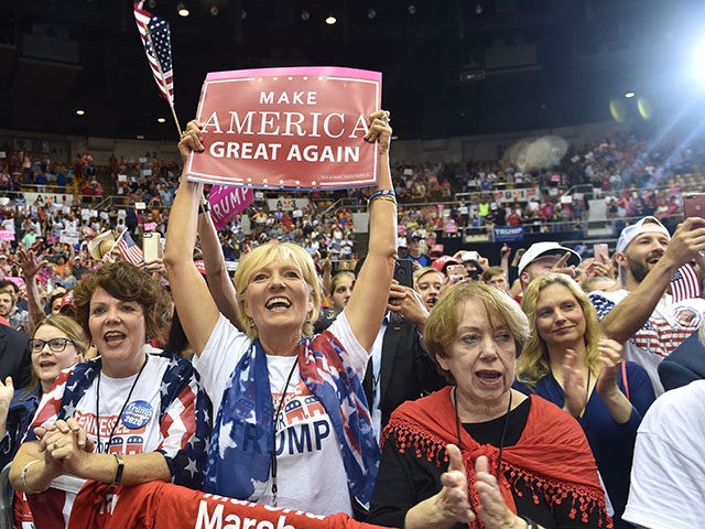 TOPSHOT - Supporters cheer as US President Donald Trump addresses a rally at the Nashville