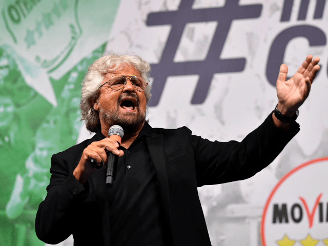 Five Star Mouvement (M5S) founder Beppe Grillo delivers a speech during a meeting with M5S