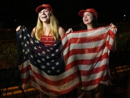 Erica Boland (R), a US student based in Singapore and a supporter of US President Donald Trump, and her friend wave a US flag as they wait for his arrival, outside the Shangrila hotel in Singapore on june 10, 2018. - Kim Jong Un and Donald Trump will meet on …